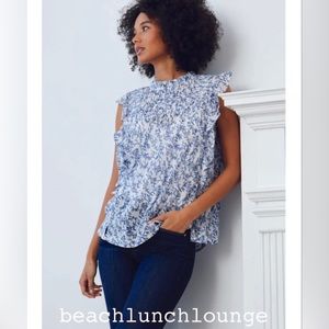 S M L Beachlunchlounge Ruffle Pintuck Pleated Top Blue China Floral Cottagecore